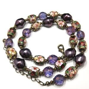 Purple Cloisonne Beaded Necklace, Faux Purple Pearls Czech Faceted Beads, 21 In.
